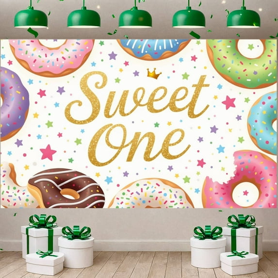 Donut Pattern Sweet One Banner Colorful Sprinkles 1st Birthday Display Gold Glitter Lettering Star Decor Donut Theme Background for 1st Birthday Party Kids Celebration Sweet Theme Party