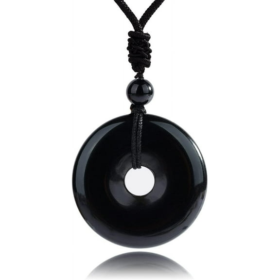 Donut Pendant Necklace Crystal and Healing Stone Reiki Coin Black Obsidian Stone Pendant Necklace Natural Gemstone Jewelry Adjustable Crystal Necklace for Women Men Valentines Day Gift for Her Him