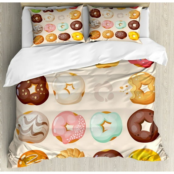 Donut Queen Size Duvet Cover Set, Different Kinds of Delicious Doughnuts Glazed Sweet Jelly Pastries Sugary Treats, Decorative 3 Piece Bedding Set with 2 Pillow Shams, Multicolor, by Ambesonne