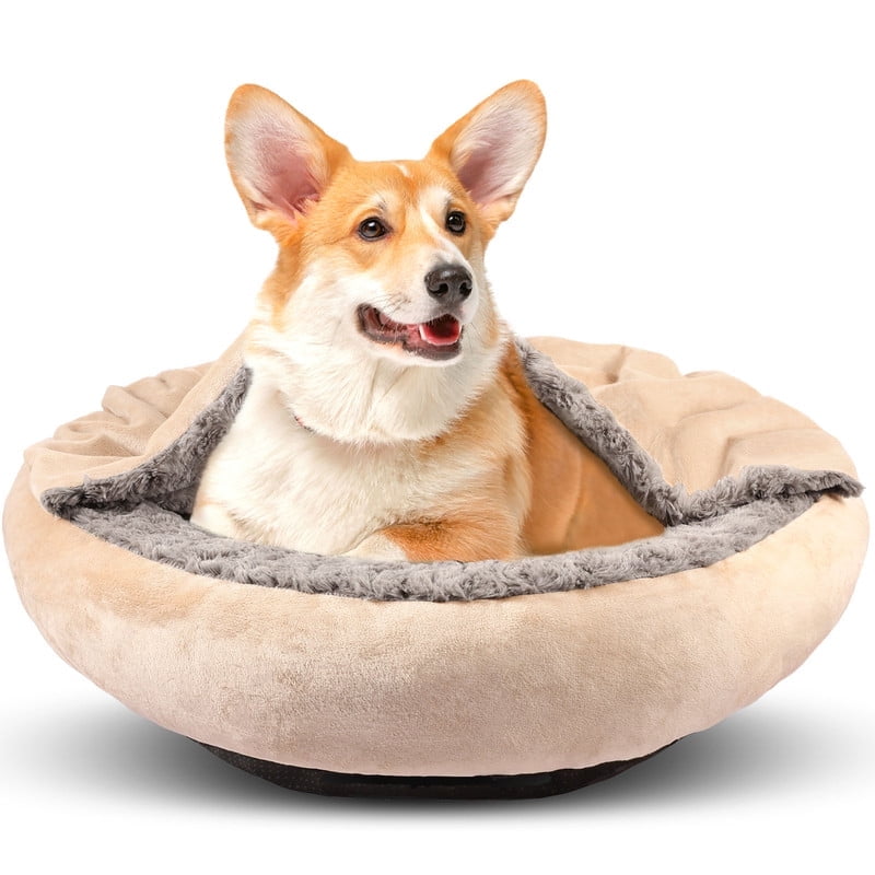 Donut Round Calming Anti-Anxiety Dog Burrow Cave Bed, Small Dog Bed Cat Bed with Hooded Blanket, Cozy Cuddler Luxury Puppy Pet Bed, Machine Washable, Anti-Slip Bottom, Beige, 26inch