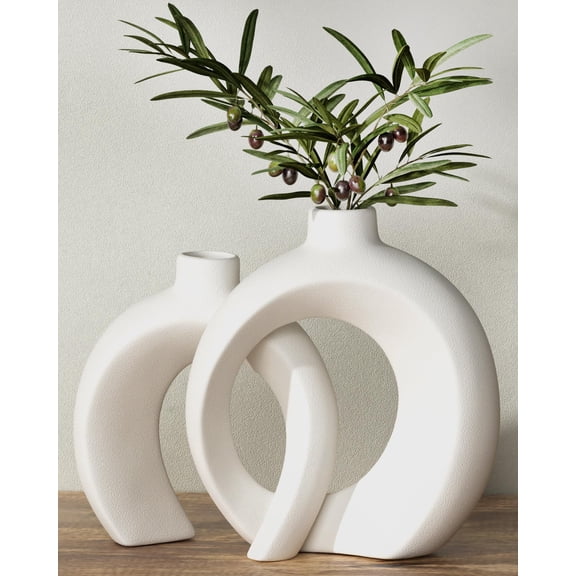 Donut Shape Ceramic Vase Set of 2 Matte White Home Decor