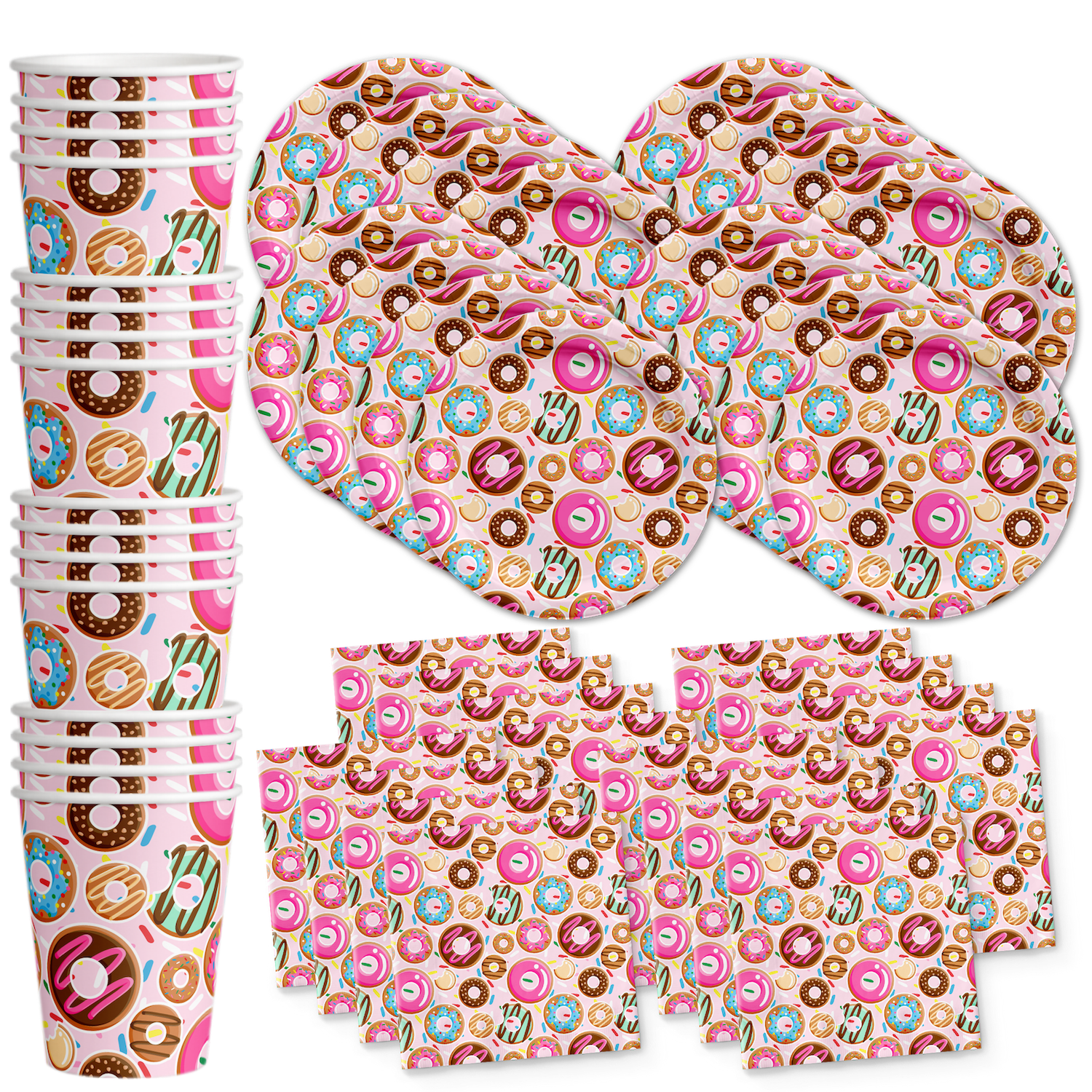 BIRTHDAY GALORE Donut Shoppe Birthday Party Supplies Set - Pink Sprinkles Party Supplies | Tableware Includes Plates, Napkins and Cups | Kit for 16