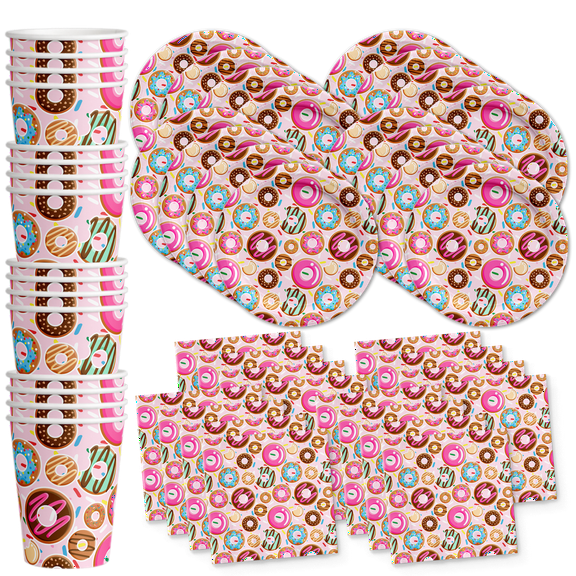 Donut Shoppe Birthday Party Supplies Set - Pink Sprinkles Party Supplies | Tableware Includes Plates, Napkins and Cups | Kit for 16