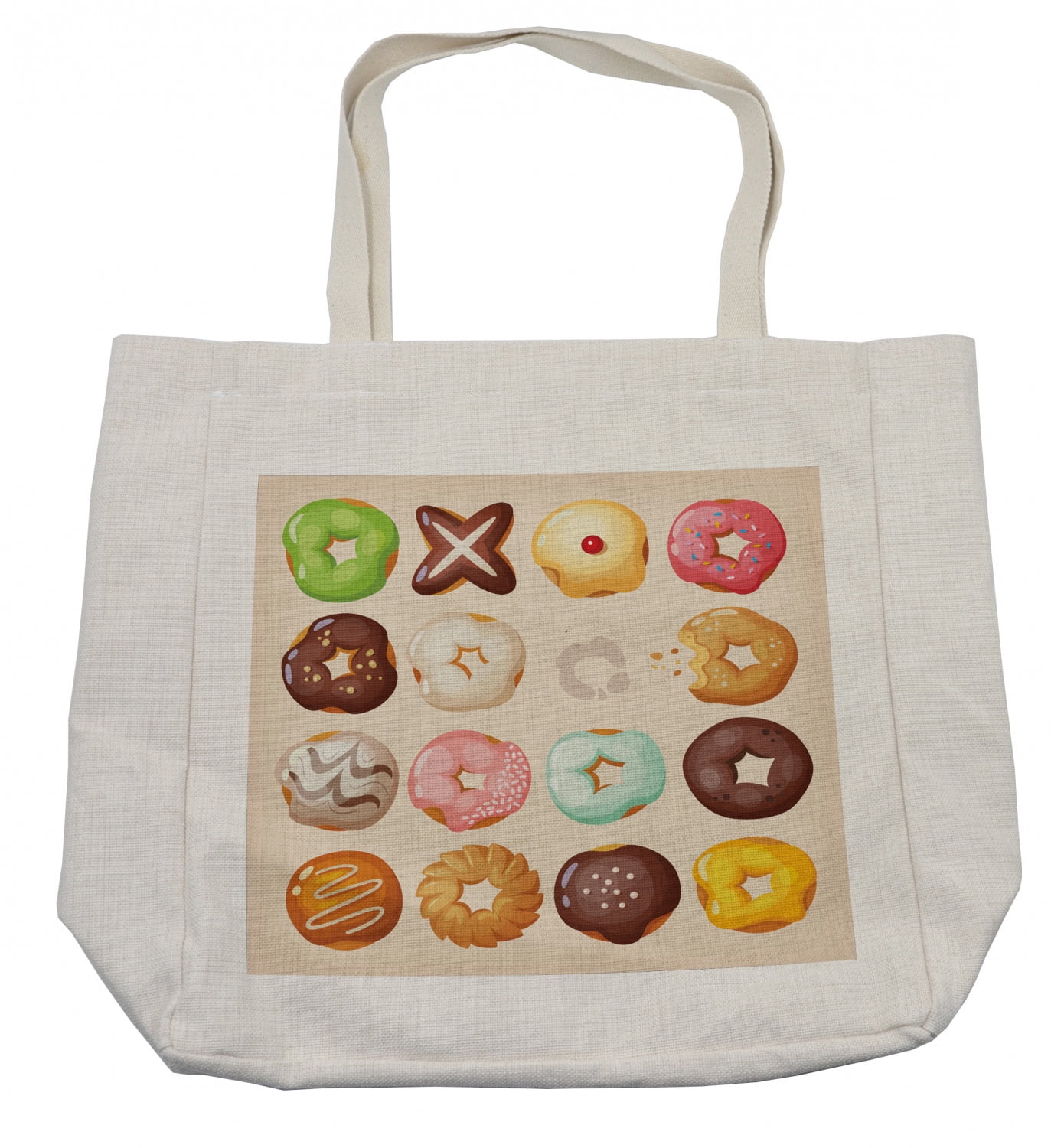 Donut Shopping Bag, Different Kinds of Delicious Doughnuts Glazed Jelly Pastries Sugary Treats, Eco-Friendly Reusable Bag for Groceries Beach and More, 15.5" X 14.5", Cream, by Ambesonne