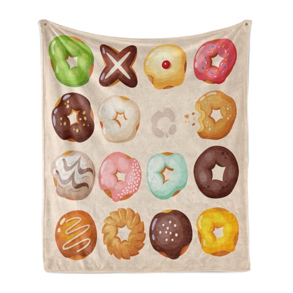 Donut Soft Flannel Fleece Throw Blanket, Different Kinds of Delicious Doughnuts Glazed Jelly Pastries Sugary Treats, Cozy Plush for Indoor and Outdoor Use, 70" x 90", Multicolor, by Ambesonne