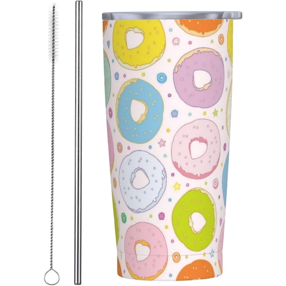 Donut Tumbler with Lid and Straw Colorful 20oz Insulated Stainless Steel Cup Cute Travel Coffee Mug Water Bottle for Women Gift for Birthday Christmas