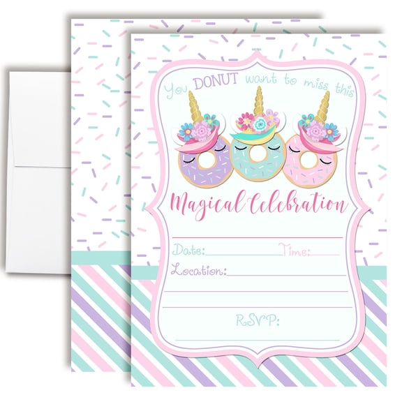 Donut Unicorn Birthday Invitations for Kids, 20 Fill-In Cards with Envelopes, 5x7 Children's Party Invitations, Birthday Party Supplies, Made in USA by Amanda Creation