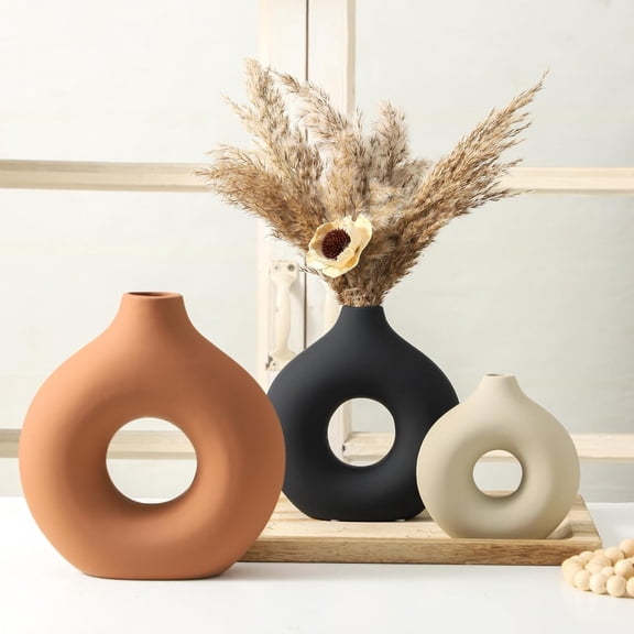 Donut Vases Set of 3, Ceramic Home Table Decor, Modern Farmhouse Centerpiece for Living Room, Small Decorative Vases for Shelf, Bedroom, Office & Dining Table