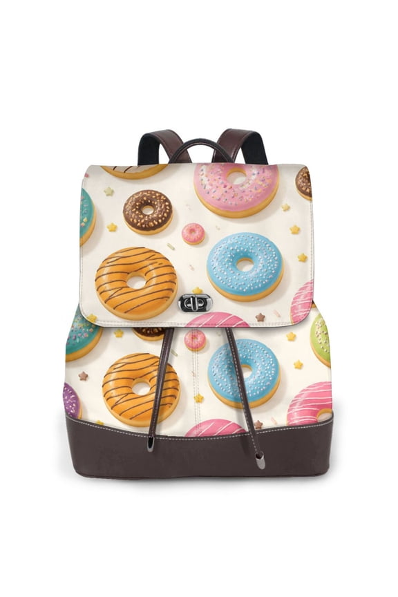 Donut Women's Leather Backpack All-Over Print Bag for Work and Travel