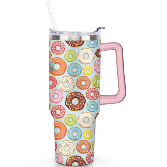 Donuts 40oz Tumbler Handle Spill Proof Lid Straw 40 oz Donuts Theme Tumbler Double Insulated Travel Coffee Cup Donuts Gifts for All