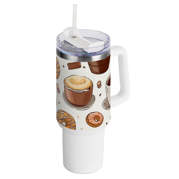 Donuts Coffee Biscuits 40 oz Tumbler with Handle InsulatedTravel MugLid Straw Leak Proof Steel Vacuum Water Bottles Glasses Fits in Car Cup Holder