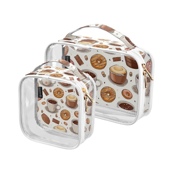 Donuts Coffee Biscuits Clear Cosmetic Bags with Handles PVC Toiletry Bags Zipper Waterproof Portable for Traveling 2 Pcs