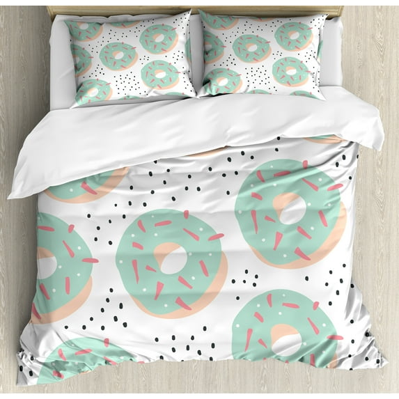 Donuts Duvet Cover Set, Continuous Pastry Dessert Food Design Abstract Spots in Pastel Colors, Decorative 3 Piece Bedding Set with 2 Pillow Shams, Queen Size, Seafoam Blush and White, by Ambesonne