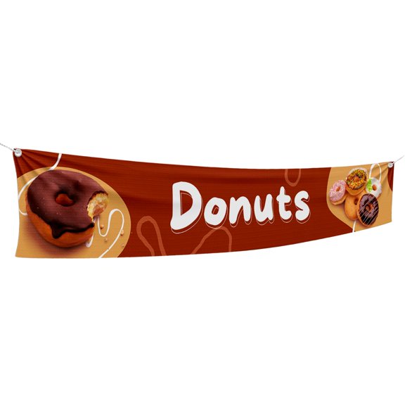 Donuts Large Banners and Signs for Outdoor by DreamController-Polyester Banner with 4 Holes for Easy Hang Indoor & Outdoor| 6x1 Feet HD Banner to Promote Food & Beverages | Made in USA
