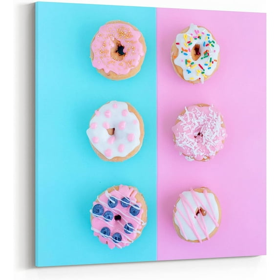 Donuts Photography Art Pink and Blue Background, Kitchen Decoration Painting Canvas Wall Art Décor, 12x12 Inch
