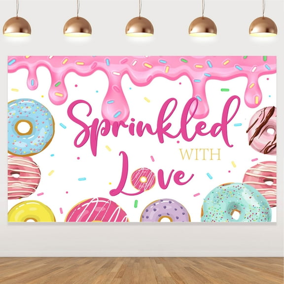 Donuts Sprinkled With Love Backdrop, Sprinkle Donut Banner Baby Shower Decorations for Girl, Glitter Pink Girls Birthday Party Banner Decorations Party Supplies