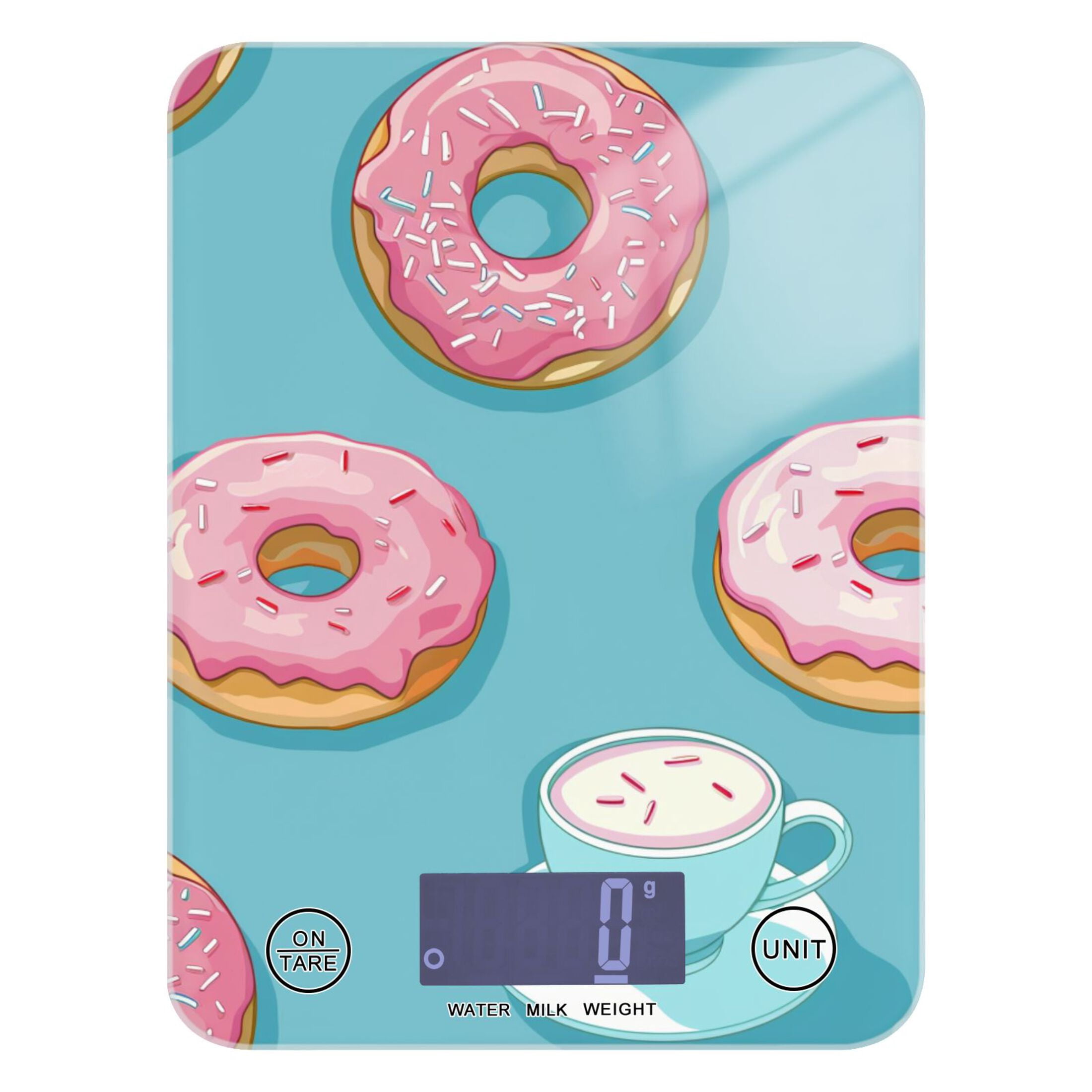 Donuts with Coffee Food Scale Digital Kitchen Scale Waterproof Tempered Glass Tare Function 11 lb for Baking Cooking Meal Prep
