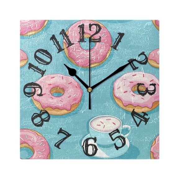 Donuts with Coffee Wall Clock Square Silent Non Ticking Battery Operated Clock for Home Bathroom Kitchen Bedroom Living Room