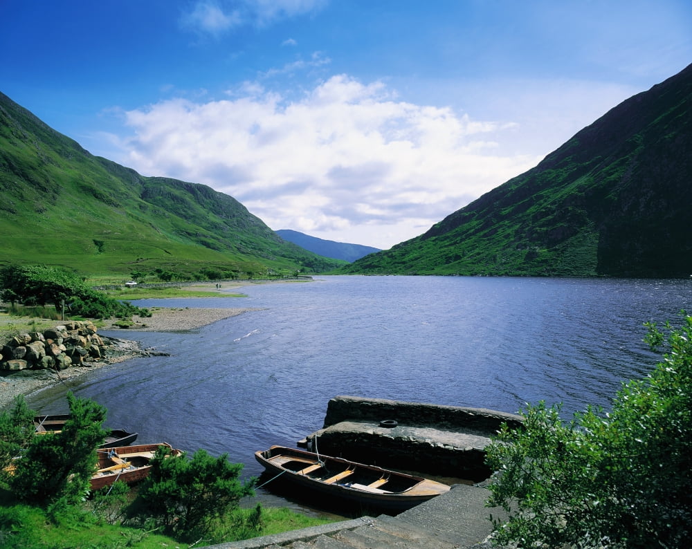 Doo Lough Delphi Co Mayo Ireland Boats On The Edge Of A Lake Canvas Art - The Irish Image Collection Design Pics (34 x 26)