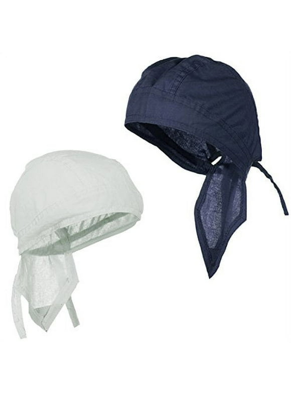 Doo Rag Du Rag Do Cotton Solid Color Bandana Head Wrap Chemo Cap (White and Navy Blue)