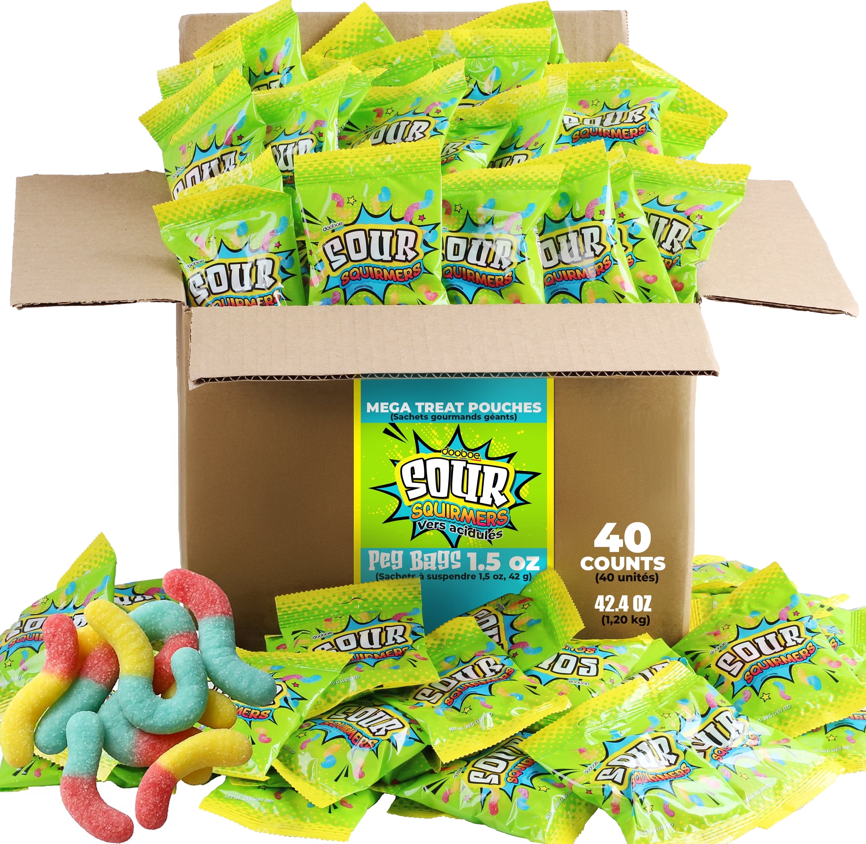 Dooboe Sour Gummy Worms Bulk Pack, 40 Individually Wrapped Snack Packs (30g Each), Full Size Sour Candy Variety for Kids & Adults, Party Favors, School Snacks, Piñata Candy