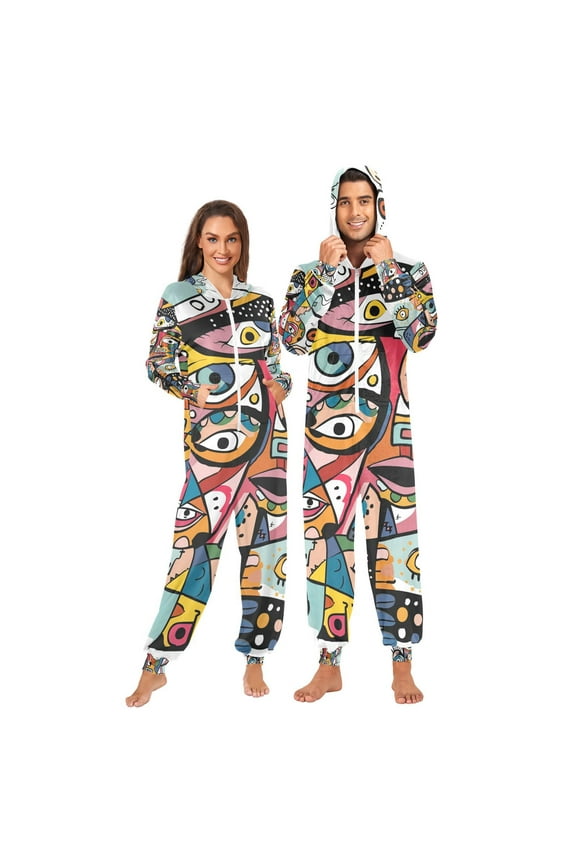 Doodle Abstract Character Adult Onesie Pajamas Slim Fit Christmas One Piece Suit Pjs for Women and Men Hooded Zipper