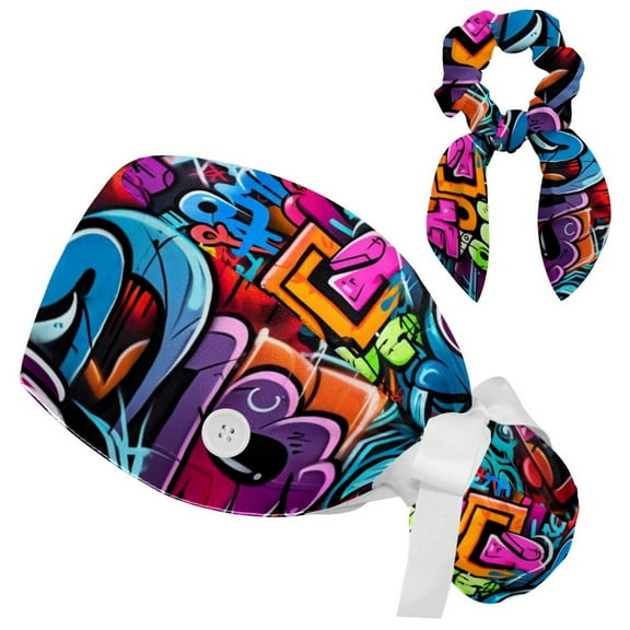 Doodle Adjustable Women Working Cap with Bow Hair Scrunchy, Bouffant Hat with Buttons