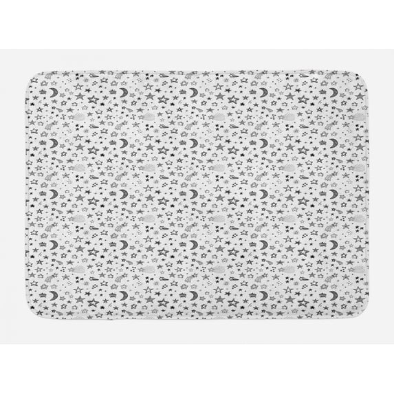 Doodle Bath Mat, Stars and Crescent Moon Heavenly Bodies Abstract Sketch Style Space Cosmos Image, Non-Slip Plush Mat Bathroom Kitchen Laundry Room Decor, 29.5 X 17.5 Inches, Black White, Ambesonne