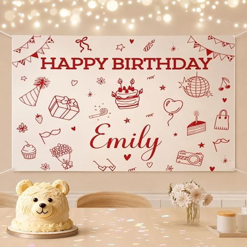 Doodle Birthday Banner, Minimal Red Icon Design, Custom Name Kids Party ...
