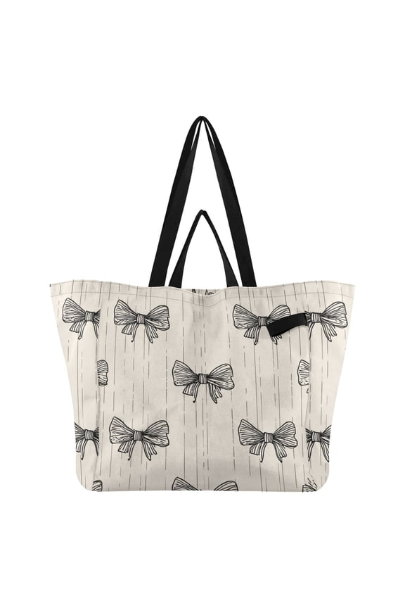 Doodle Bows Foldable Canvas Tote Bags Reusable Grocery Bags Laundry Bags Beach Bag 32L