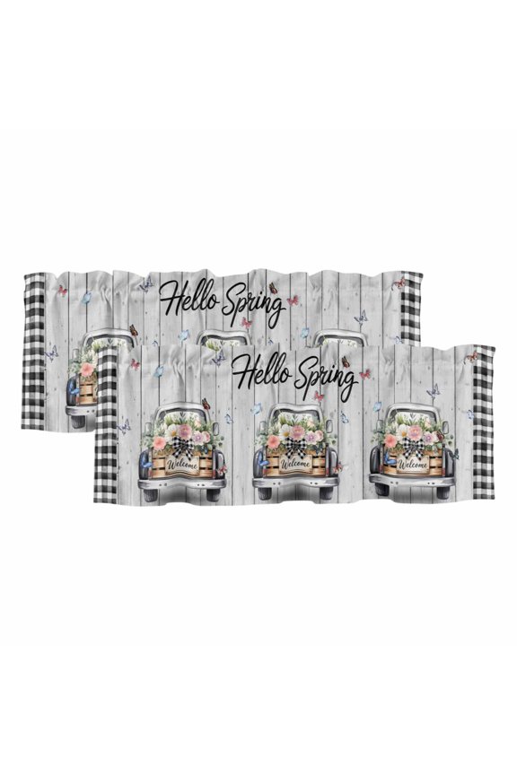 2 Pack Valances for Windows 60 x 18 Inch, Spring Flowers Decorative Kitchen Curtain Valance, Farmhouse Truck Black Plaid Wood Grain Rod Pocket Short Curtains Window Treatment for Bathroom/Cafe