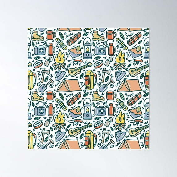 Doodle Camping Adventure Elements Poster Wall Art, Modern Wall Decor For Living Room Bedroom, 17x17 UNFRAMED