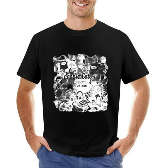 Doodle Cats Clipart Vintage T-shirt Mens Cotton Classic Crewneck Short Sleeve Tees Unisex Black L