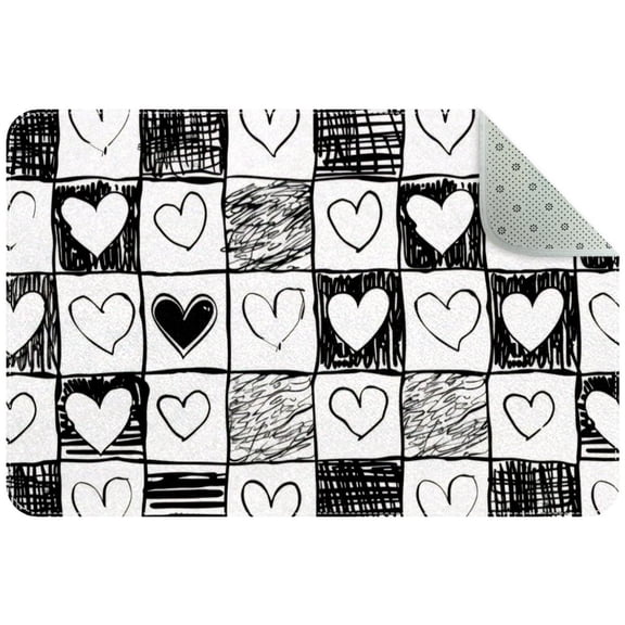 Doodle Checkerboard Texture with Hearts Entryway Rug, 2x3 Area Rug Indoor Door Mat Non-slip Washable Floor Carpet Rug for Bedroom Office Dining Room Bathroom