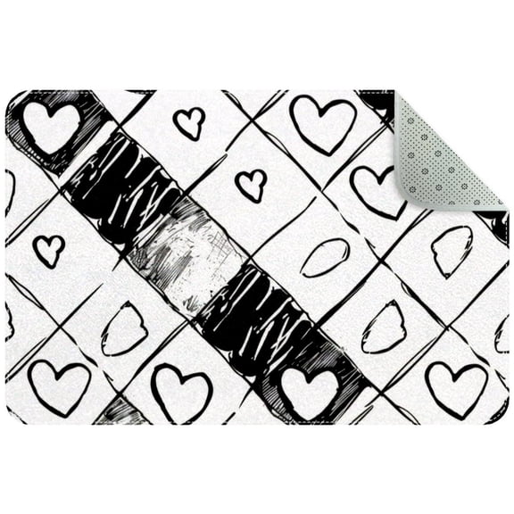 Doodle Checkerboard Texture and Seamless Hearts Entryway Rug, 2x3 Area Rug Indoor Door Mat Non-slip Washable Floor Carpet Rug for Bedroom Office Dining Room Bathroom