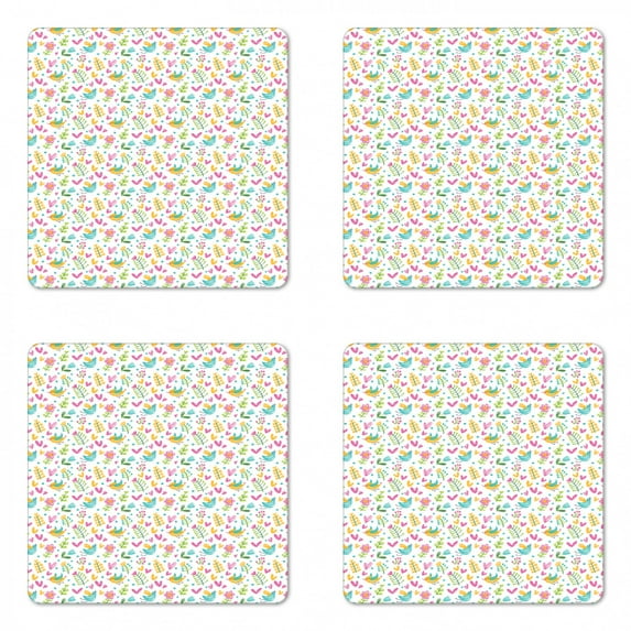 Doodle Coaster Set of 4, Hand Drawn Doodle Spring Birds on Tree Branches Pastel Hearts Leaves Dots Nursery, Square Hardboard Gloss Coasters, Standard Size, Multicolor, by Ambesonne