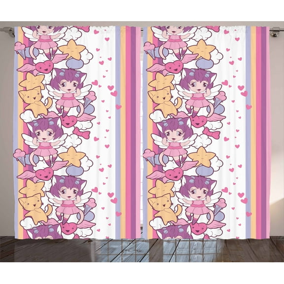 Ambesonne Cartoon Curtains 2 Panel Set, Illustration Cats Clouds, 108" x 90", Multicolor