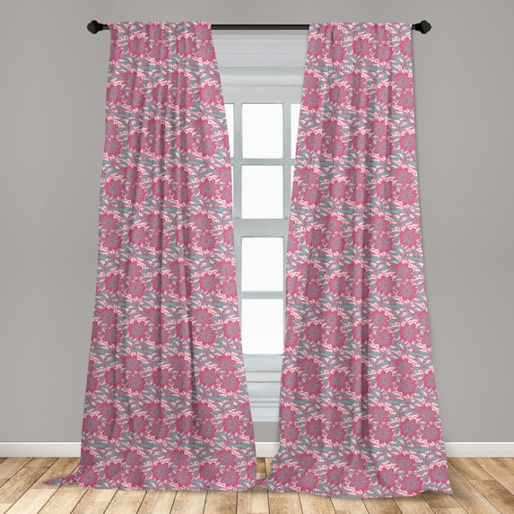 Doodle Curtains 2 Panels Set, Illustration of Blossoming Nature Abstract Pastel Toned Design, Window Drapes for Living Room Bedroom, 56"W X 84"L, Sea Green Pale Pink, by Ambesonne
