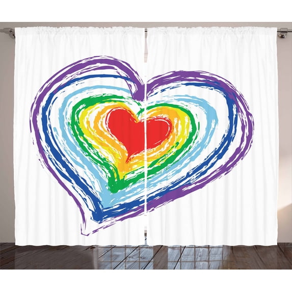 Ambesonne Love Curtains 2 Panel Set, Nested Rainbow Heart, 108" x 84", Multicolor