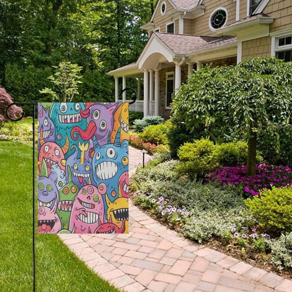 Doodle Cute Monsters Garden Flag Double Sided 12 x 18 Inch Outside Yard Decoration Outdoor Flag