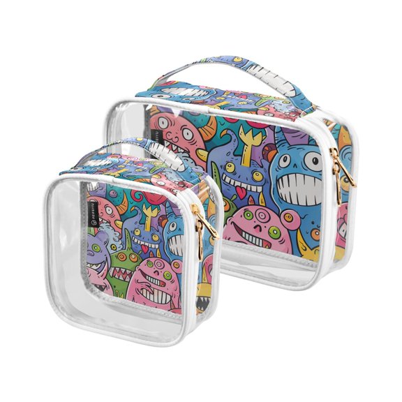 Doodle Cute Monsters Makeup Bags Set Travel Toiletry Bags Portable Cosmetic Bags Organizer Waterproof 2 Packs