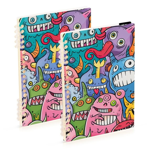 Doodle Cute Monsters Ring Binder Notebook Journey Note Diary College Ruled Spiral Notebook Study Loose Leaf Paper A5 60 Pages