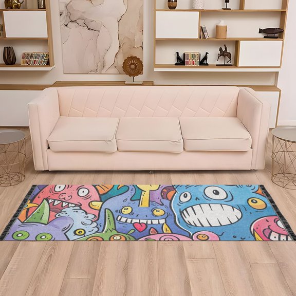Doodle Cute Monsters Runner Rug Non-Slip Area Rugs Linen Washable Non Shedding for Kitchen Bedroom Carpet