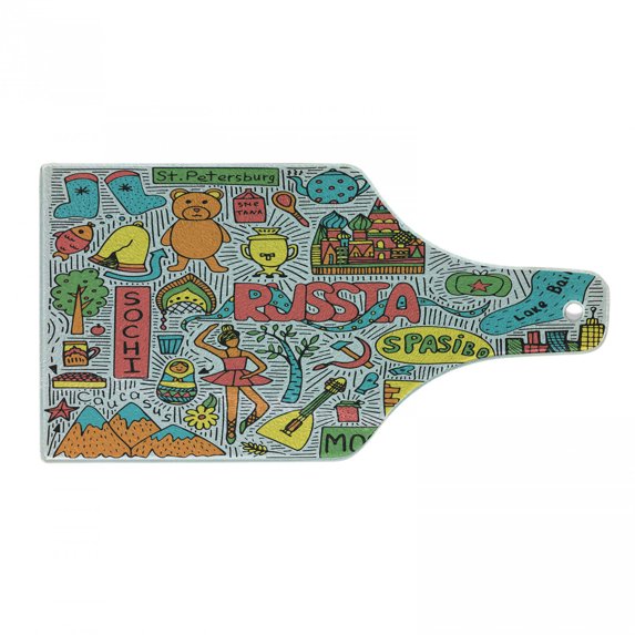 Doodle Cutting Board, Russia Themed Cartoonish Graphic of Colorful Landmark Print, Decorative Tempered Glass Cutting and Serving Board, in 3 Sizes, by Ambesonne