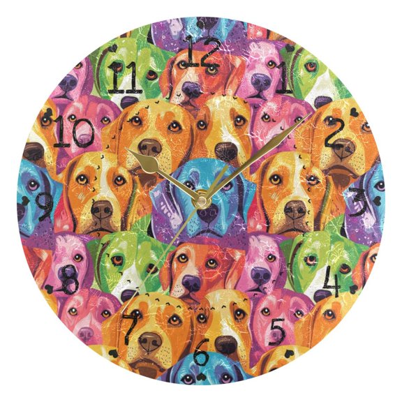 Doodle Dog Paper Pattern Round Wall Clock Silent Battery Operated Home Decor for Living Room Bedroom