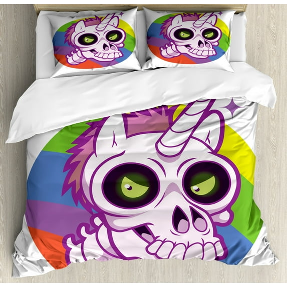 Doodle Duvet Cover Set King Size, Doodle Style Cartoon Unicorn Skull with Green Eyes with Rainbow Background Funny, Decorative 3 Piece Bedding Set with 2 Pillow Shams, Multicolor, by Ambesonne
