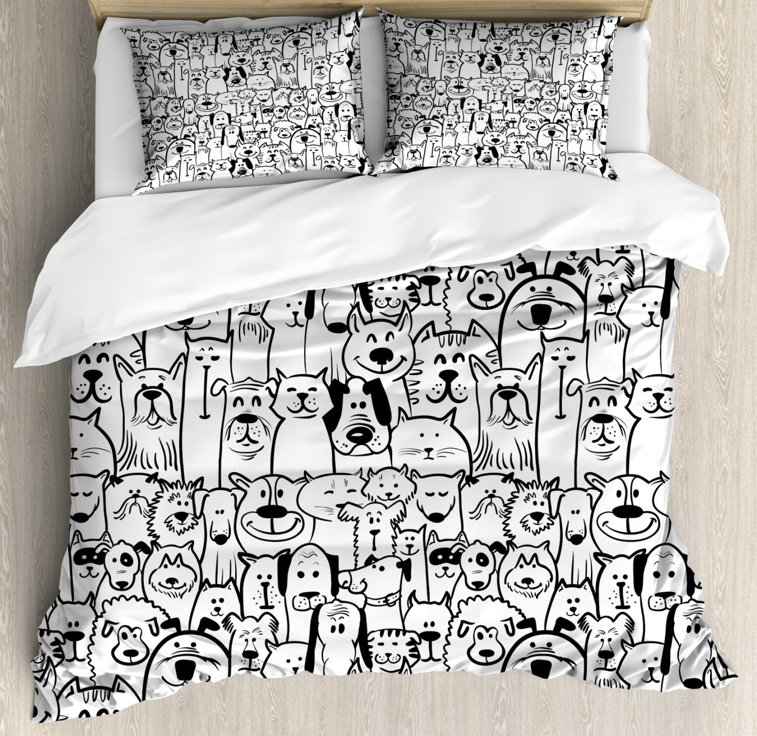 Queen Size Black and White Cartoon Pet Duvet Cover Set