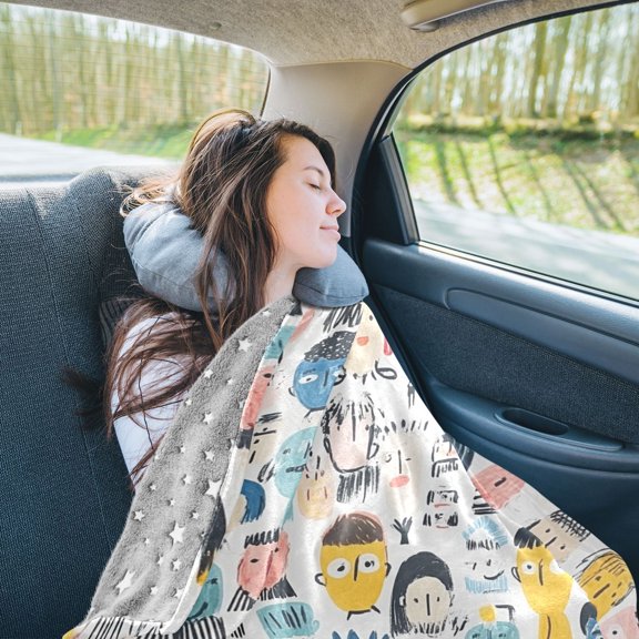 Doodle Faces Travel Blanket Pillow Compact Foldable Airplane Throw Blanket with Trolley Sleeve for Travel Camping