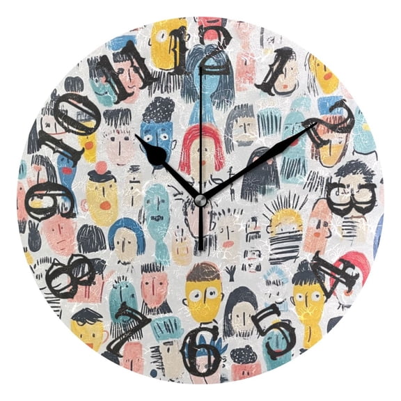 Doodle Faces Wall Clock 10 inch Non-Ticking Easy to Read Decorative Clocks for Home Bedroom Living Room