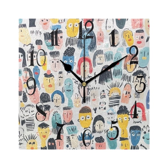 Doodle Faces Wall Clock Decorative Square Silent Non-Ticking Operated Clocks Aesthetic for Bedroom Living Room